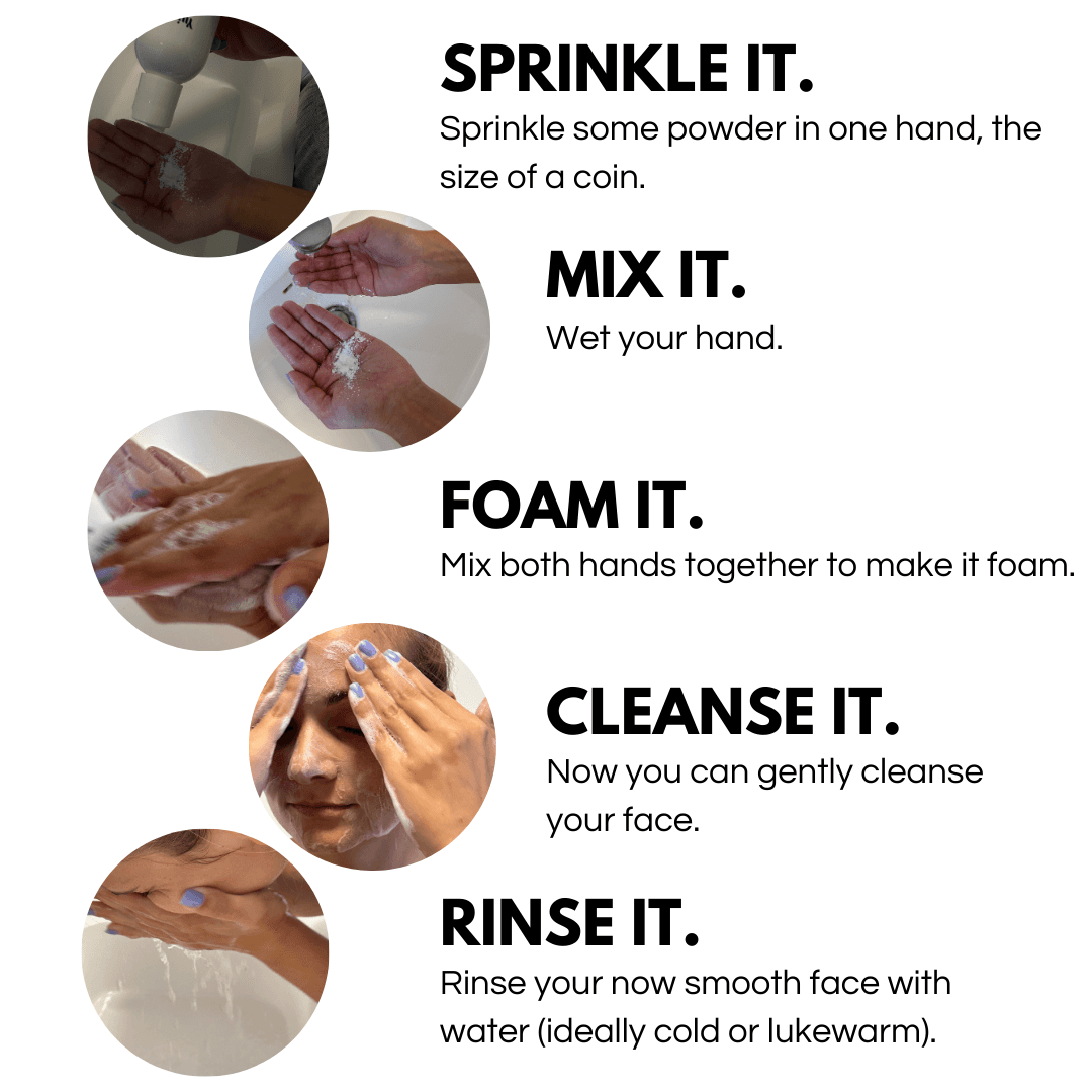 Stappen om Yui Powder Cleanser te gebruiken: strooien, mengen, schuimen, reinigen, afspoelen