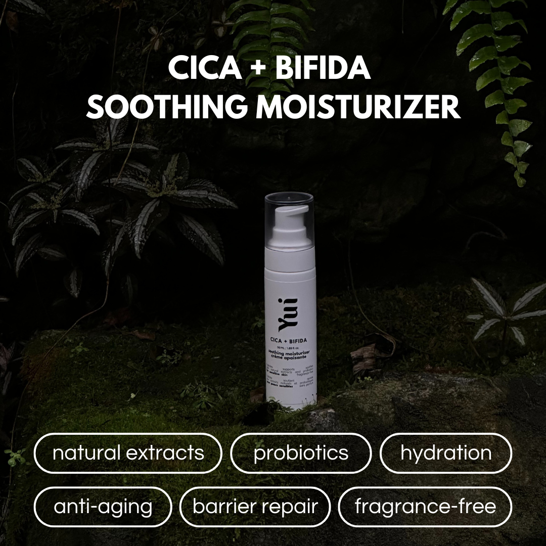 Cica + Bifida Soothing Moisturizer bottle displayed outdoors with a natural, leafy background. Highlights include natural extracts, probiotics, hydration, anti-aging, barrier repair, and fragrance-free benefits.